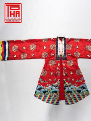 Bộ áo Nhật Bình nữ – đỏ đậm, chất liệu gấm thêu hoa văn phượng ổ