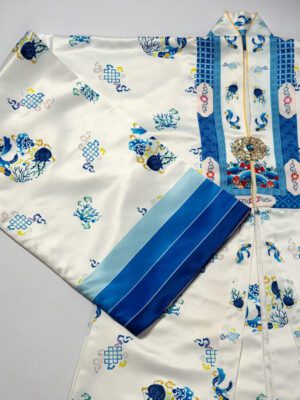 Bộ áo Nhật Bình nữ – trắng, vải tafta in họa tiết ngư quần hội