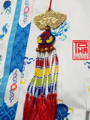 Bộ áo Nhật Bình nữ – trắng, vải tafta in họa tiết ngư quần hội