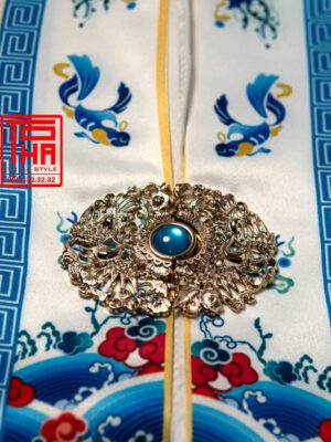 Bộ áo Nhật Bình nữ – trắng, vải tafta in họa tiết ngư quần hội