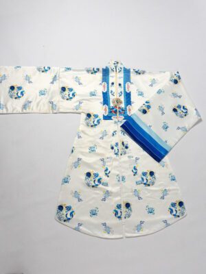 Bộ áo Nhật Bình nữ – trắng, vải tafta in họa tiết ngư quần hội