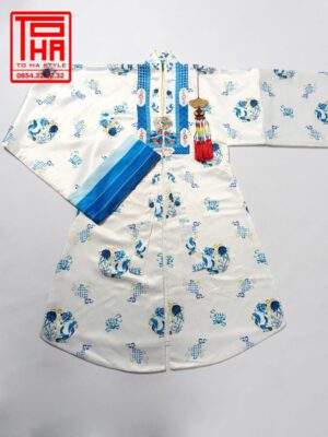 Bộ áo Nhật Bình nữ – trắng, vải tafta in họa tiết ngư quần hội