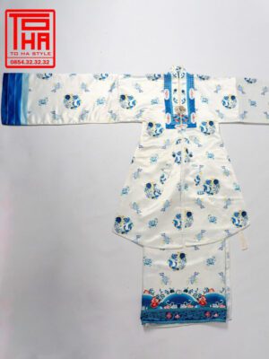 Bộ áo Nhật Bình nữ – trắng, vải tafta in họa tiết ngư quần hội