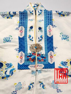 Bộ áo Nhật Bình nữ – trắng, vải tafta in họa tiết ngư quần hội