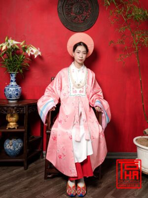 Cho thuê bộ áo Nhật Bình nữ - hồng đào, vải tafta in họa tiết hoa đào