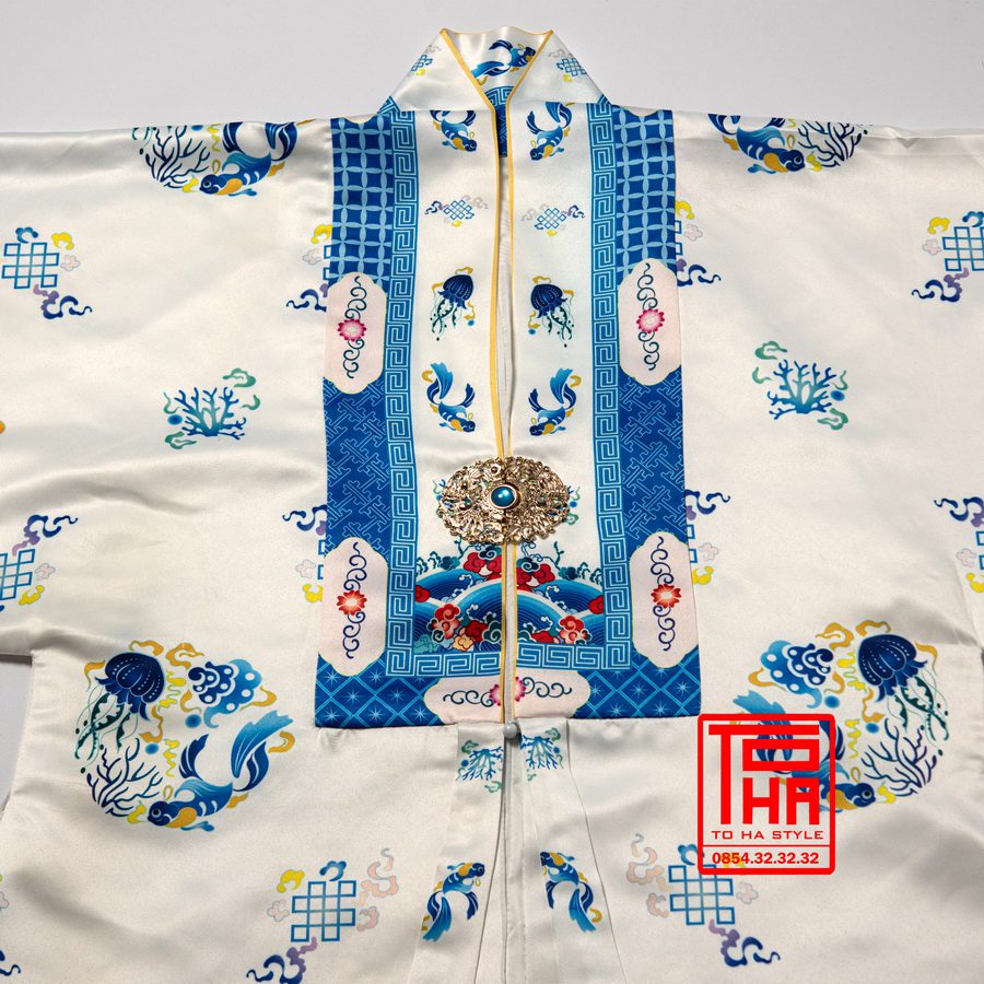 áo Nhật Bình cho nữ màu trắng, vải tafta in họa tiết ngư quần hội áo Nhật Bình cho nữ màu trắng, vải tafta in họa tiết ngư quần hội