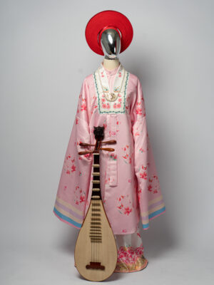 Bộ áo Nhật Bình nữ - hồng phấn, vải tafta in họa tiết hoa đào