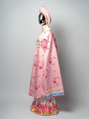 Bộ áo Nhật Bình nữ - hồng phấn, vải tafta in họa tiết hoa đào
