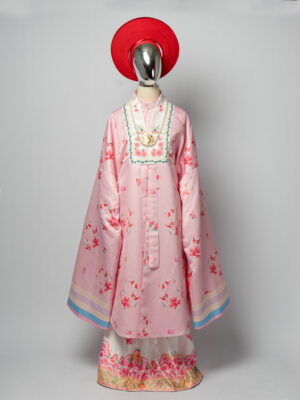 Bộ áo Nhật Bình nữ - hồng phấn, vải tafta in họa tiết hoa đào
