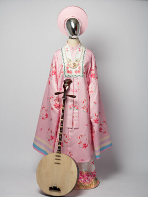 Bộ áo Nhật Bình nữ - hồng phấn, vải tafta in họa tiết hoa đào