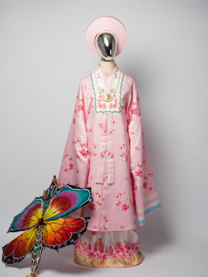 Bộ áo Nhật Bình nữ - hồng phấn, vải tafta in họa tiết hoa đào