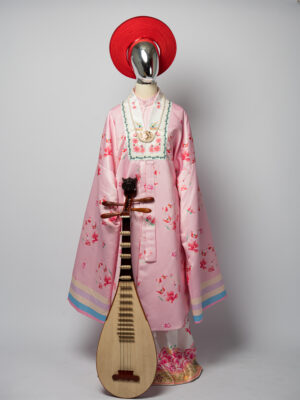 Bộ áo Nhật Bình nữ - hồng phấn, vải tafta in họa tiết hoa đào