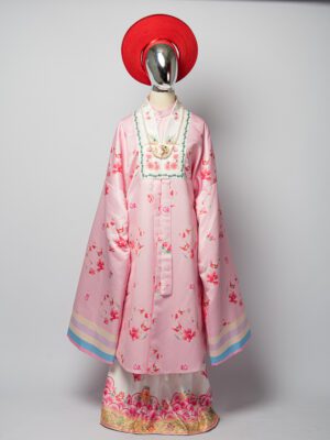 Bộ áo Nhật Bình nữ - hồng phấn, vải tafta in họa tiết hoa đào