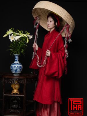 Bộ áo Đối Khâm đỏ son - áo Giao Lĩnh đỏ son - yếm đụp đỏ, chất liệu gấm