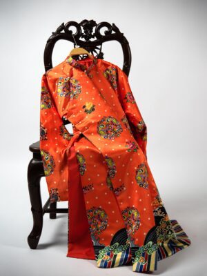 Bộ áo Ngũ Thân - Cam, chất liệu vải tafta in họa tiết ổ phượng cung đình