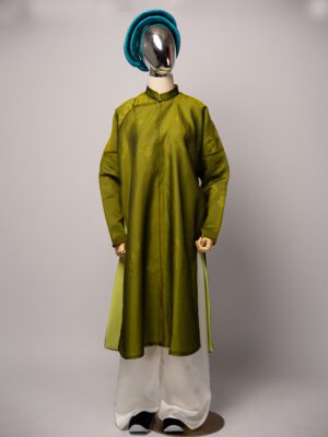 Bộ áo Ngũ Thân - Xanh rêu cổ điển, chất liệu gấm thêu chìm họa tiết hoa mai