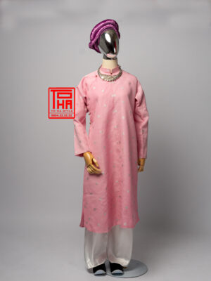 Bộ áo Ngũ Thân nữ - hồng phấn, chất liệu gấm họa tiết hoa văn cát tường