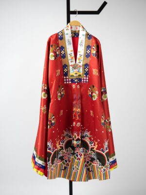 Bộ áo Nhật Bình nữ - Đỏ tưới, chất vải tafta in họa tiết ổ phượng