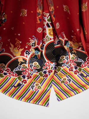 Bộ áo Nhật Bình nữ - Đỏ tưới, chất vải tafta in họa tiết ổ phượng