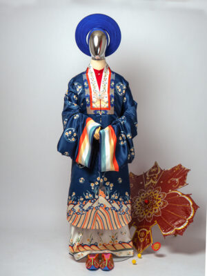 Bo ao Nhat Binh nu Xanh Navy vai tafta in hoa tiet hoa cuc cach dieu 1