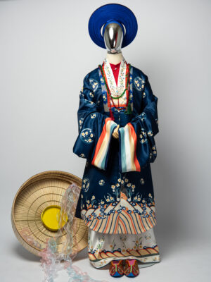 Bo ao Nhat Binh nu Xanh Navy vai tafta in hoa tiet hoa cuc cach dieu 2 Copy