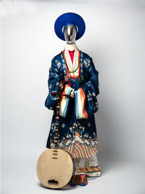 Bộ áo Nhật Bình nữ - Xanh Navy, vải tafta in họa tiết hoa cúc cách điệu