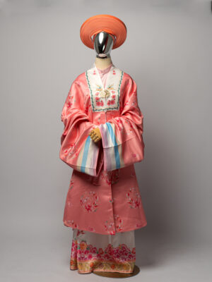 Bộ áo Nhật Bình nữ - hồng đào, vải tafta in họa tiết hoa đào