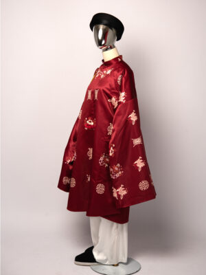Bộ áo Tấc nam - Đỏ đô, vải tafta in họa tiết Phúc Thọ Mẫu Đơn