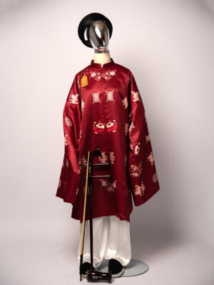 Bộ áo Tấc nam - Đỏ đô, vải tafta in họa tiết Phúc Thọ Mẫu Đơn