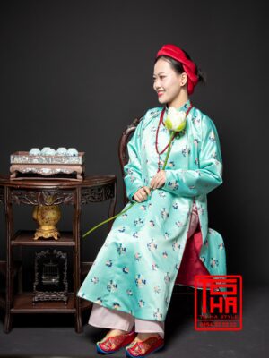 Cho thue ao Ngu Than Xanh ngoc chat vai tafta in hinh hoa tiet hoa la cach dieu 10