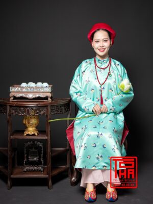 Cho thue ao Ngu Than Xanh ngoc chat vai tafta in hinh hoa tiet hoa la cach dieu 11