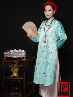 Cho thuê áo Ngũ Thân - Xanh ngọc, chất vải tafta in hình họa tiết hoa lá cách điệu