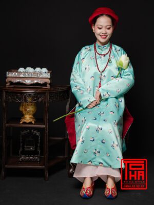 Cho thue ao Ngu Than Xanh ngoc chat vai tafta in hinh hoa tiet hoa la cach dieu 3