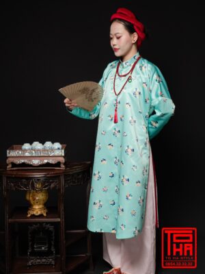 Cho thuê áo Ngũ Thân - Xanh ngọc, chất vải tafta in hình họa tiết hoa lá cách điệu