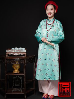 Cho thue ao Ngu Than Xanh ngoc chat vai tafta in hinh hoa tiet hoa la cach dieu 5