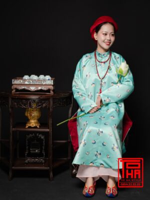 Cho thue ao Ngu Than Xanh ngoc chat vai tafta in hinh hoa tiet hoa la cach dieu 6