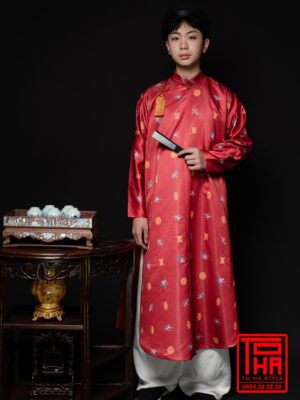 Cho thuê áo Ngũ Thân - đỏ cam, chất liệu liệu vải tafta in hình họa tiết Phúc Thọ