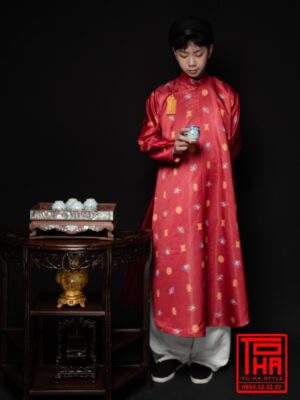 Cho thue ao Ngu Than do cam chat lieu lieu vai tafta in hinh hoa tiet Phuc Tho 4