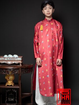 Cho thue ao Ngu Than do cam chat lieu lieu vai tafta in hinh hoa tiet Phuc Tho 5