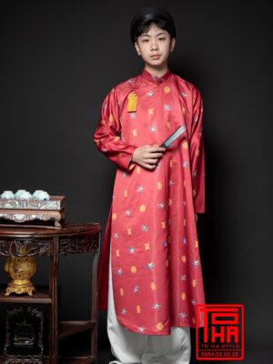 Cho thue ao Ngu Than do cam chat lieu lieu vai tafta in hinh hoa tiet Phuc Tho 6