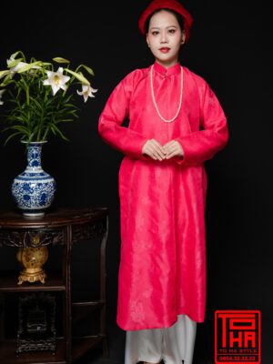 Cho thuê áo Ngũ Thân - hồng đào, chất liệu gấm họa tiết hoa nhí dệt chìm