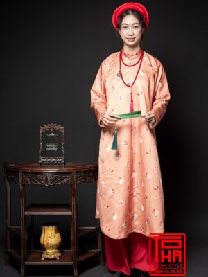 Cho thuê áo Ngũ Thân nữ - Cam phấn, chất liệu vải tafta in họa tiết hoa xuân cách điệu