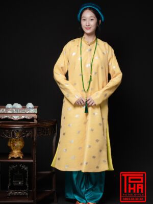 Cho thuê áo Ngũ Thân nữ - vàng kem, chất liệu vải tafta in họa tiết hoa kim tuyến