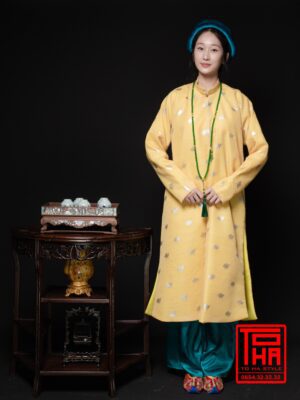 Cho thue ao Ngu Than nu vang kem chat lieu vai tafta in hoa tiet hoa kim tuyen 2