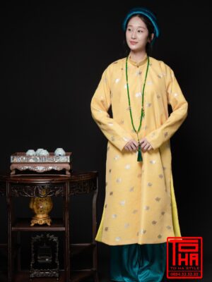 Cho thue ao Ngu Than nu vang kem chat lieu vai tafta in hoa tiet hoa kim tuyen 3