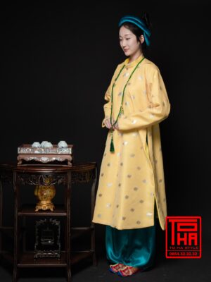 Cho thue ao Ngu Than nu vang kem chat lieu vai tafta in hoa tiet hoa kim tuyen 4