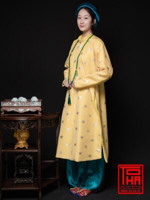 Cho thue ao Ngu Than nu vang kem chat lieu vai tafta in hoa tiet hoa kim tuyen 5