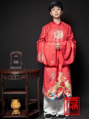 Cho thuê áo Tấc - Đỏ tươi ,chất liệu gấm thêu họa tiết Long Lân cát tường