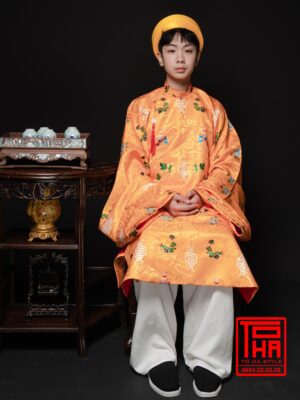 Cho thuê áo Tấc nam - vàng cam, chất liệu gấm in chìm hoa văn cát tường