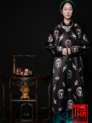 Cho thuê bộ áo Ngũ Thân - Đen, chất vải tafta in họa tiết ổ én